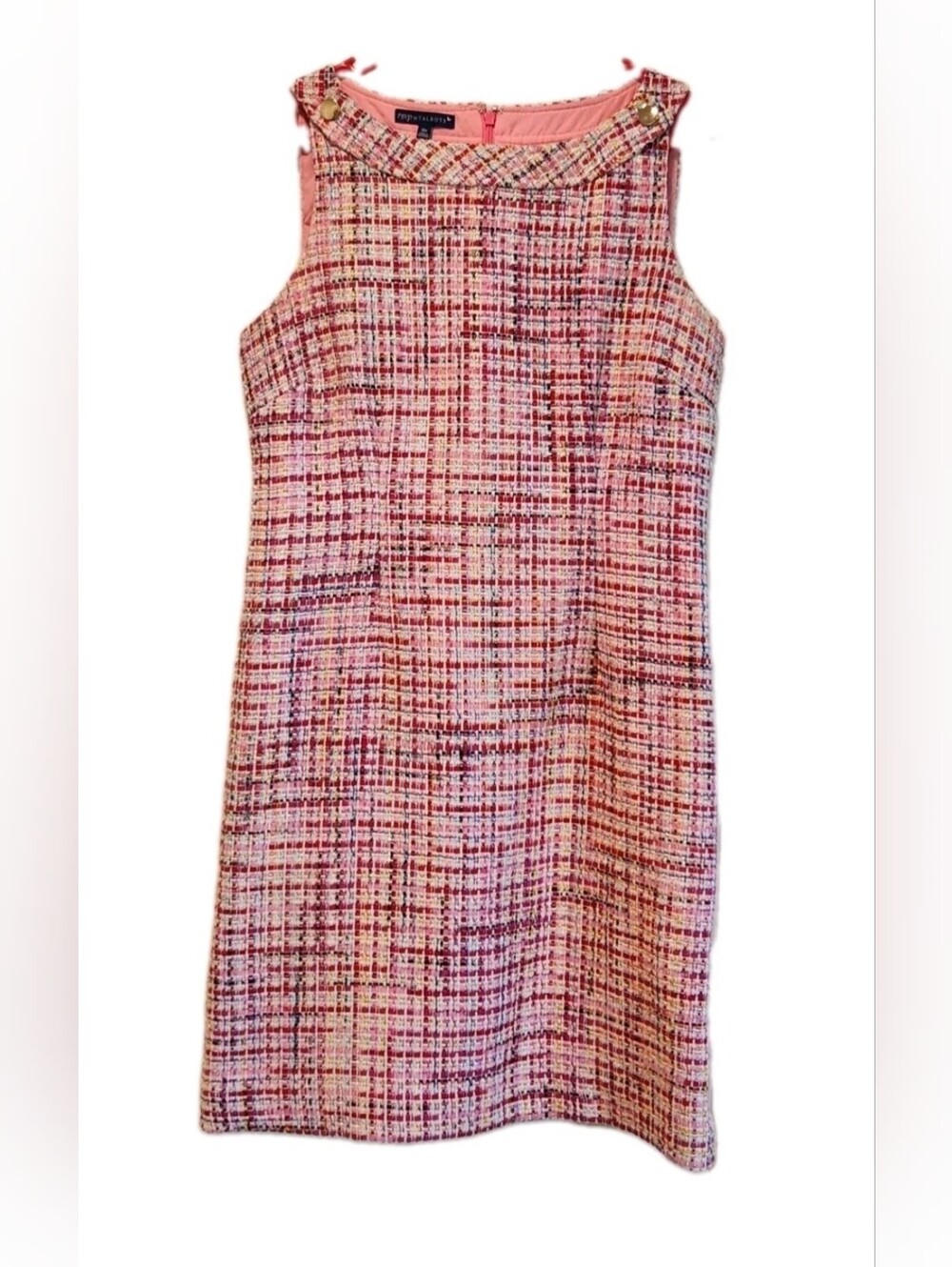 rsvp by Talbots Pink Ribbon Tweed Shift Dress Sleeveless Gold Button Size 10P